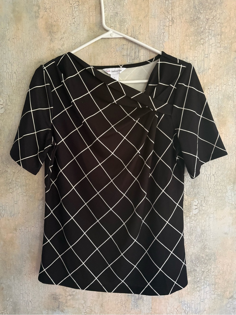 Liz Claiborne Black & White Windowpane Short Sleeve Blouse